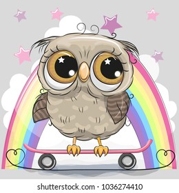 Cute Cartoon Owl with skateboard on a rainbow background