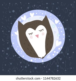 Cute cartoon owl is sleeping on a pillow. Winter night dark snowy sky - bird resting. Sticker, card for children teaching: kids must sleep at night. 