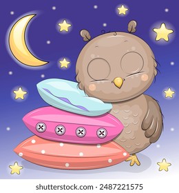 Lindo búho de dibujos animados está durmiendo en las almohadas. Ilustración vectorial nocturna sobre fondo azul oscuro con estrellas y luna.