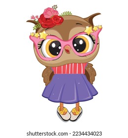 Cute Cartoon Owl with spectacle vector illustration. Forest bird or animal.  Wonderland. Magic, fabulous story. Isolated children's cartoon illustration, for print or sticker.