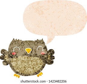 cute cartoon owl with speech bubble in grunge distressed retro textured style