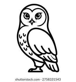 Cute cartoon owl standing alone on white background looking around bird icon