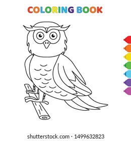cute cartoon owl standing on wood coloring book for kids. black and white vector illustration for coloring book. owl standing on wood concept hand drawn illustration
