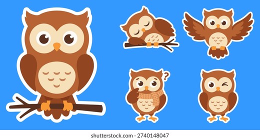 Cute cartoon owl sticker set with different poses and emotions, flat woodland bird character collection isolated on background. Vector illustration