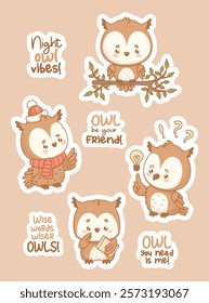 Cute cartoon Owl stickers. Isolated wise kawaii bird with book, on branch, in winter clothes and with light bulb, searching for ideas with funny cool slogans. Vector illustration. Kids collection