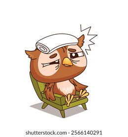 A cute cartoon owl in a stylish headband lounges in a cozy chair, exuding a relaxed and peaceful vibe