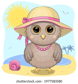 Cute cartoon owl in summer hat and necklaces on the beach. Summer vector illustration with bird, sun and sea.