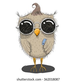 Cute cartoon owl in sunglasses with a phone