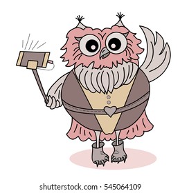 Cute cartoon owl. Owl Taking selfi photo. Doodles art. Printing on T-shirts, banners, posters, cover. Coloring page book for adults and children.