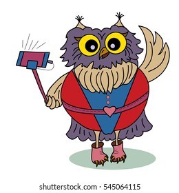 Cute cartoon owl. Owl Taking selfi photo. Doodles art. Printing on T-shirts, banners, posters, cover. Coloring page book for adults and children.