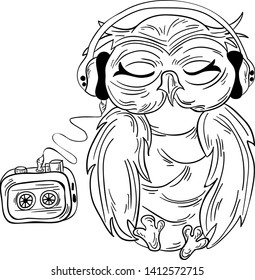 Cute Cartoon Owl with tape recorder. Bird knowledge with music. Owlet listens to songs. Hand drawn illustration for t-shirt print design, book, greeting card. The owl is made in black and white color.