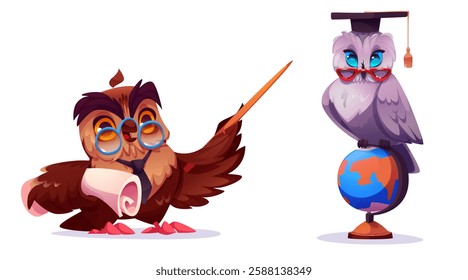 Cute cartoon owl teacher characters with educational items - brown professor holding pointer with scroll, grey student in graduation cap perched on globe. Academic mascots for learning materials.