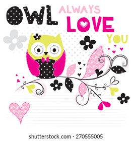 cute cartoon owl with text, childish card with owl and flower vector illustration