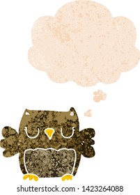 cute cartoon owl with thought bubble in grunge distressed retro textured style
