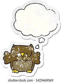 cute cartoon owl with thought bubble as a distressed worn sticker