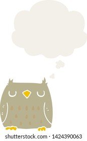 búho de dibujos animados lindo con burbuja de pensamiento en estilo retro