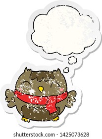 cute cartoon owl with thought bubble as a distressed worn sticker