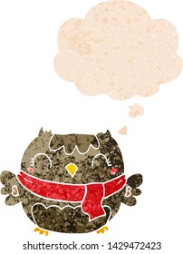 cute cartoon owl with thought bubble in grunge distressed retro textured style
