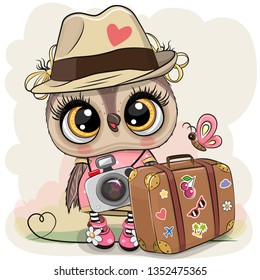 Cute Cartoon Owl tourist in a hat with luggage