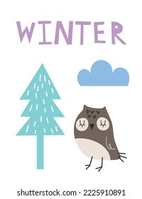 Cute cartoon owl and tree. Winter vector illustration on a blue background. Scandinavian style flat design. Concept children print. Woodland animal. EPS