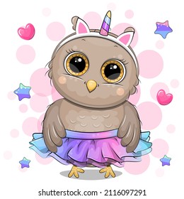 A cute cartoon owl with a unicorn headband and a rainbow skirt. Vector illustration of a bird on a pink background with stars and hearts.