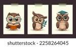 Cute cartoon owl vector card set. Poster learning wisdom smart studying reading print background.