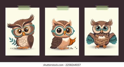 Cute cartoon owl vector card set. Poster learning wisdom smart studying reading print background.