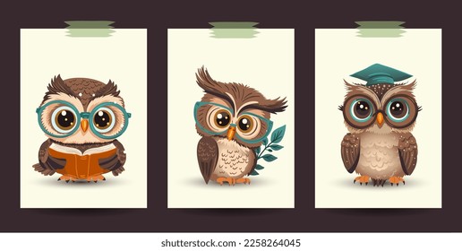 Cute cartoon owl vector card set. Poster learning wisdom smart studying reading print background.