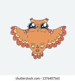 Cute cartoon owl. Vector clip art illustration for children design, cards, prints, coloring books. Grungy kawaii image