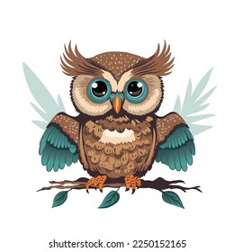 Cute cartoon owl vector funny animal. Vector illustration. Smart wise character in glasses, kids print bird card