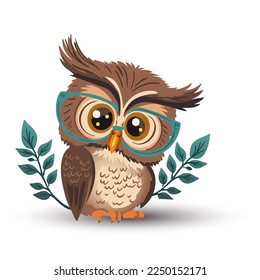 Cute cartoon owl vector funny animal. Vector illustration. Smart wise character in glasses, kids print bird card