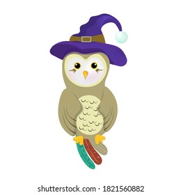 Cute cartoon owl wearing a hat of a witch. Vector character.