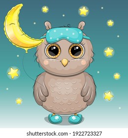 A cute cartoon owl wearing a sleep eye mask and slippers is holding a balloon. Night bird vector illustration on blue background with stars and moon.