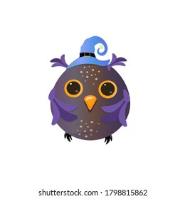 Cute cartoon owl wearing witch hat. Halloween vector illustration.