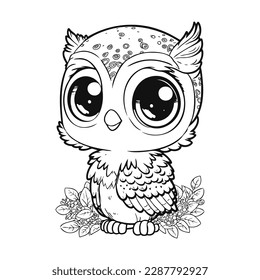 Cute cartoon owl. Wild bird in line drawing. Vector illustration isolated on white background. For printable children's and adults coloring page or book, kids toddler activity.