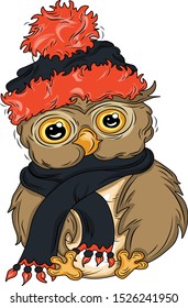 Cute cartoon owl in a winter hat and scarf. Cartoon character. Hand drawn illustration for t-shirt print design, book, greeting card. Child character. Owl decorated in bright colors. Winter background