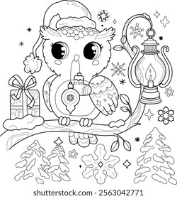 Cute Cartoon Owl in winter hat sitting on tree. Tree branch with lantern and holiday gift on it. Kids coloring page. Winter night.