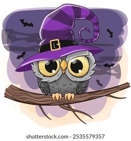 Cute cartoon owl in a witch hat is sitting on a branch
