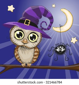 Cute cartoon owl in a witch hat is sitting on a branch
