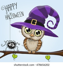 Cute cartoon owl in a witch hat is sitting on a branch