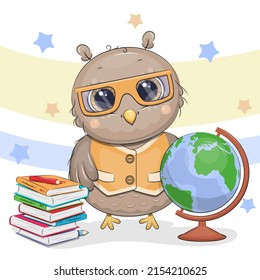 A cute cartoon owl in yellow glasses and a waistcoat stands next to books and a globe. Vector illustration of a bird with stars in the background.