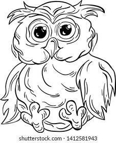 Cute cartoon owl.Bird knowledge.  Hand drawn illustration for t-shirt print design, book, greeting card. The owl is made in black and white color. Child character. Funny owlet in shock