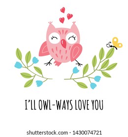 Cute cartoon owlet and joky handwritten inscription. Pun lettering. Vector childish illustration.