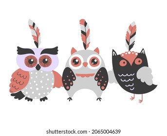 Cute cartoon owls. Baby print. Vector illustration of birds