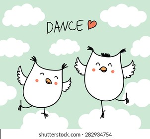Cute cartoon owls dancing. Beautiful greeting childish card