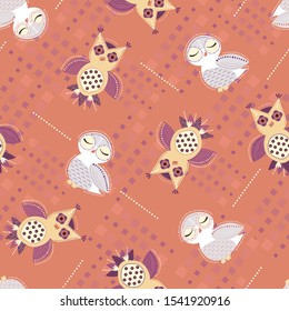 Cute cartoon owls in ethnic style, seamless vector pattern. Violet, orange and white drawn night, forest birds of prey fly on bright abstract background for children