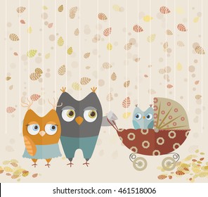 cute cartoon owls family walking with baby stroller on autumn leaves background. vector illustration
