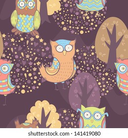 Cute cartoon owls fantasy coloful pattern with trees