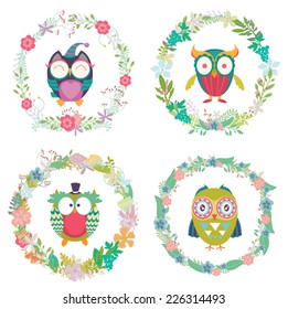 Cute cartoon owls with flowers frame