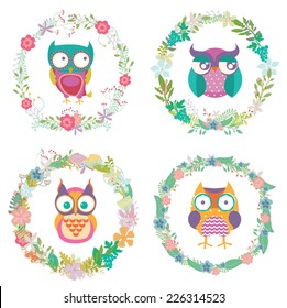 Cute cartoon owls with flowers frame